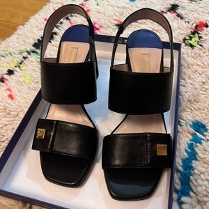 Stuart Weitzman Black Leather Square-Toe Slingback Sandals with Gold Accents